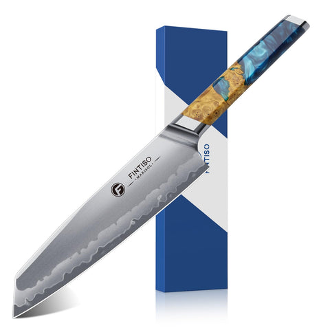 FINTISO 8-inch chef knife with S35VN core for precise slicing in professional kitchens.
