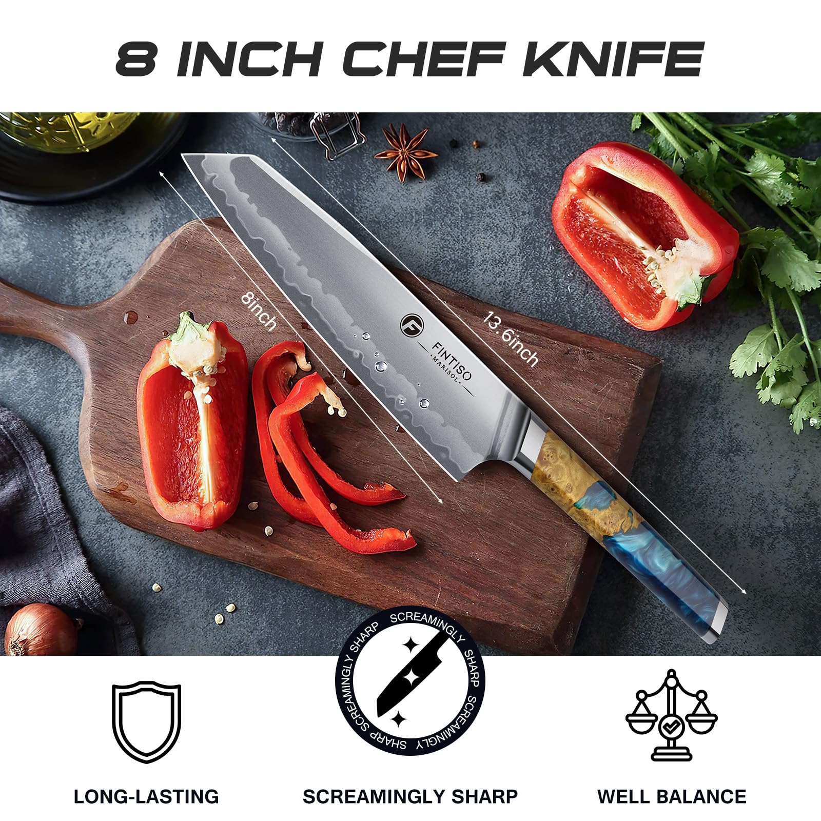 FINTISO ergonomic-hybrid-bolster supports balanced control during slicing.