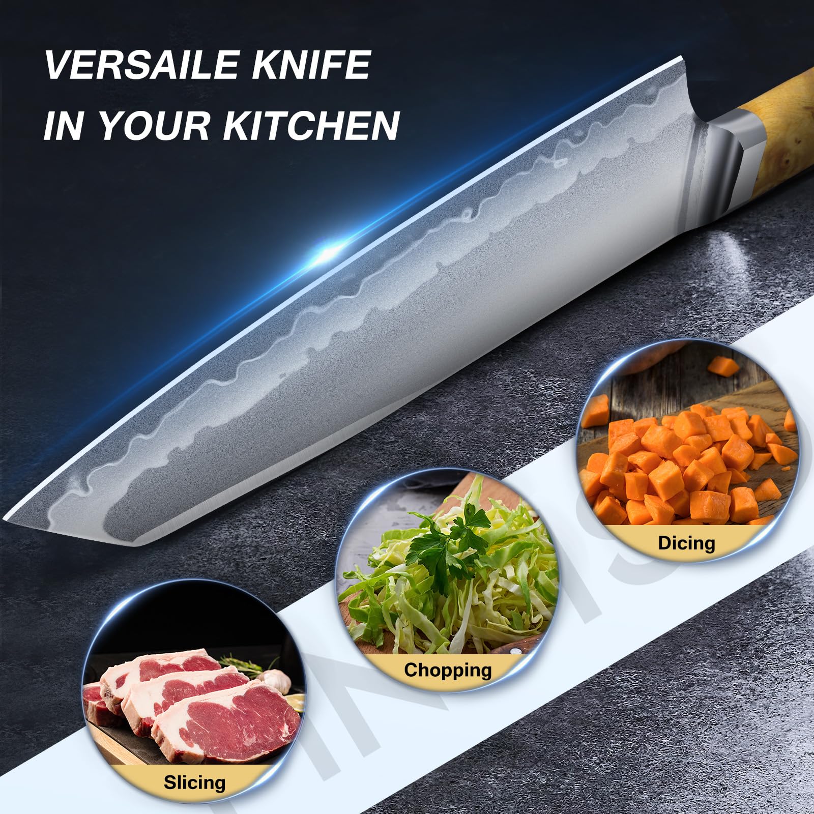 FINTISO sandblasted blade reduces glare and resists rust for kitchen use.