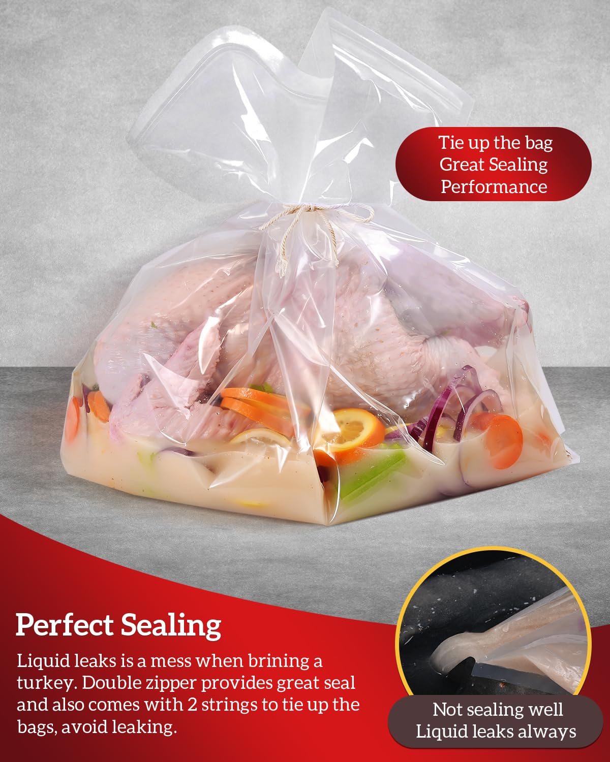 FIRDLE thickened 4.7 mil brining bags for sturdy marinating.