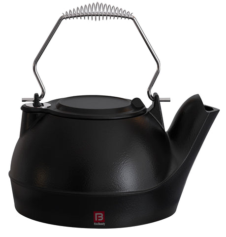 Fire Beauty Humidifying Iron Kettle on stove adds gentle humidity to a chilly room.
