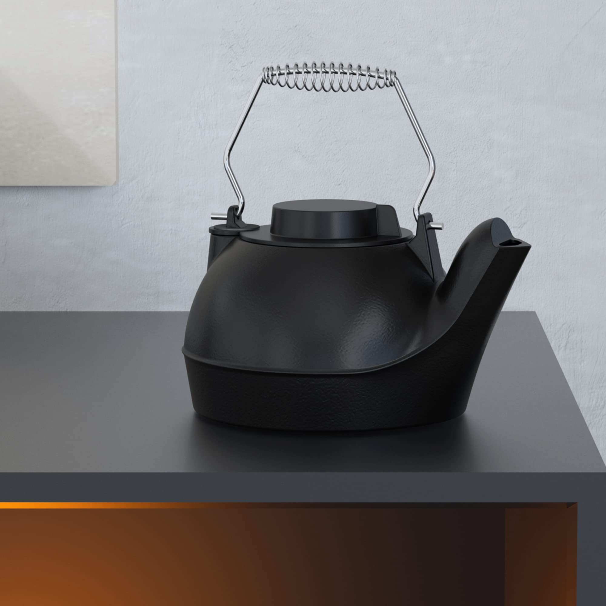 Fire Beauty Kettle rests on a wood stove, distributing humidity as heat rises.