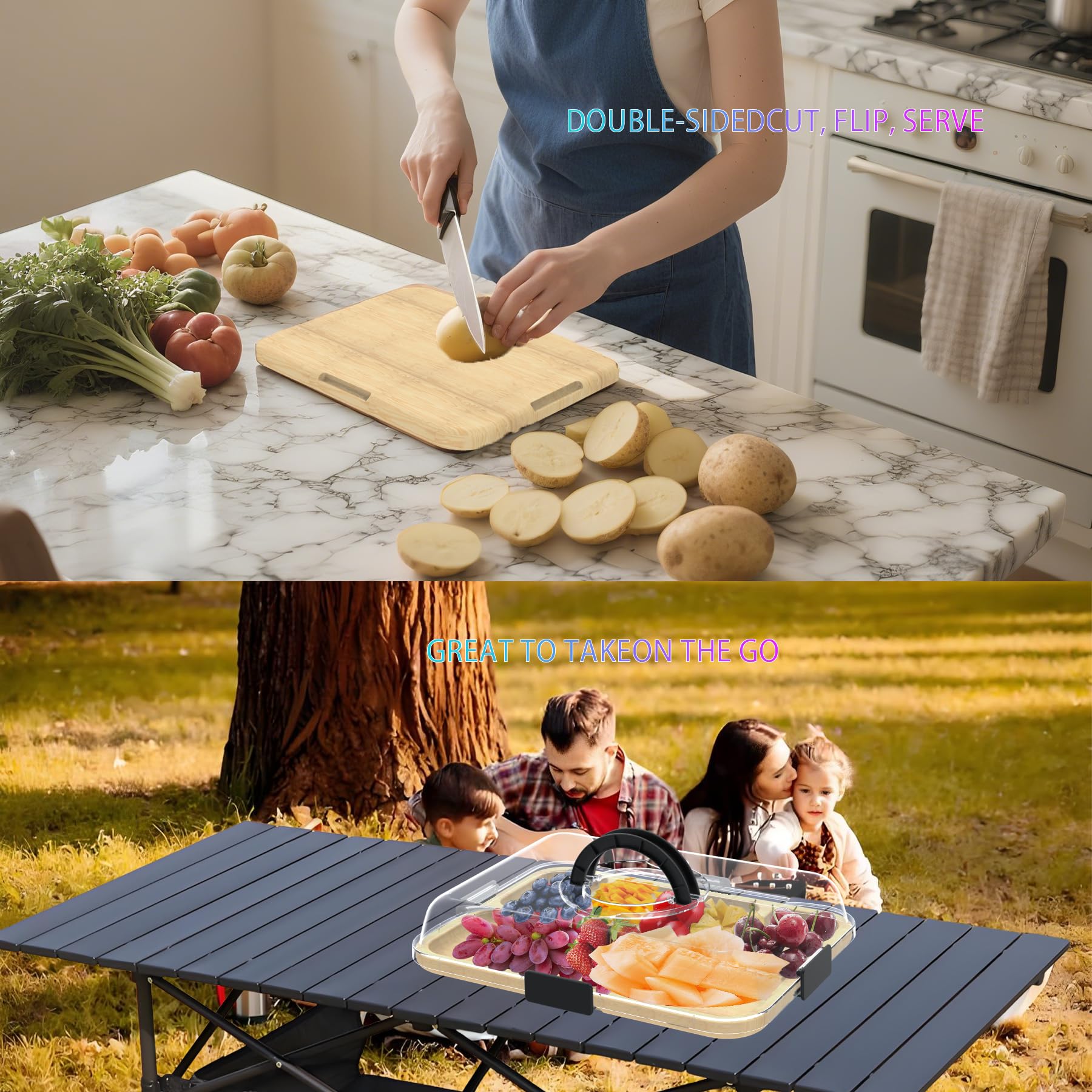Firjuty dual-function board serves as both charcuterie tray and cutting board.