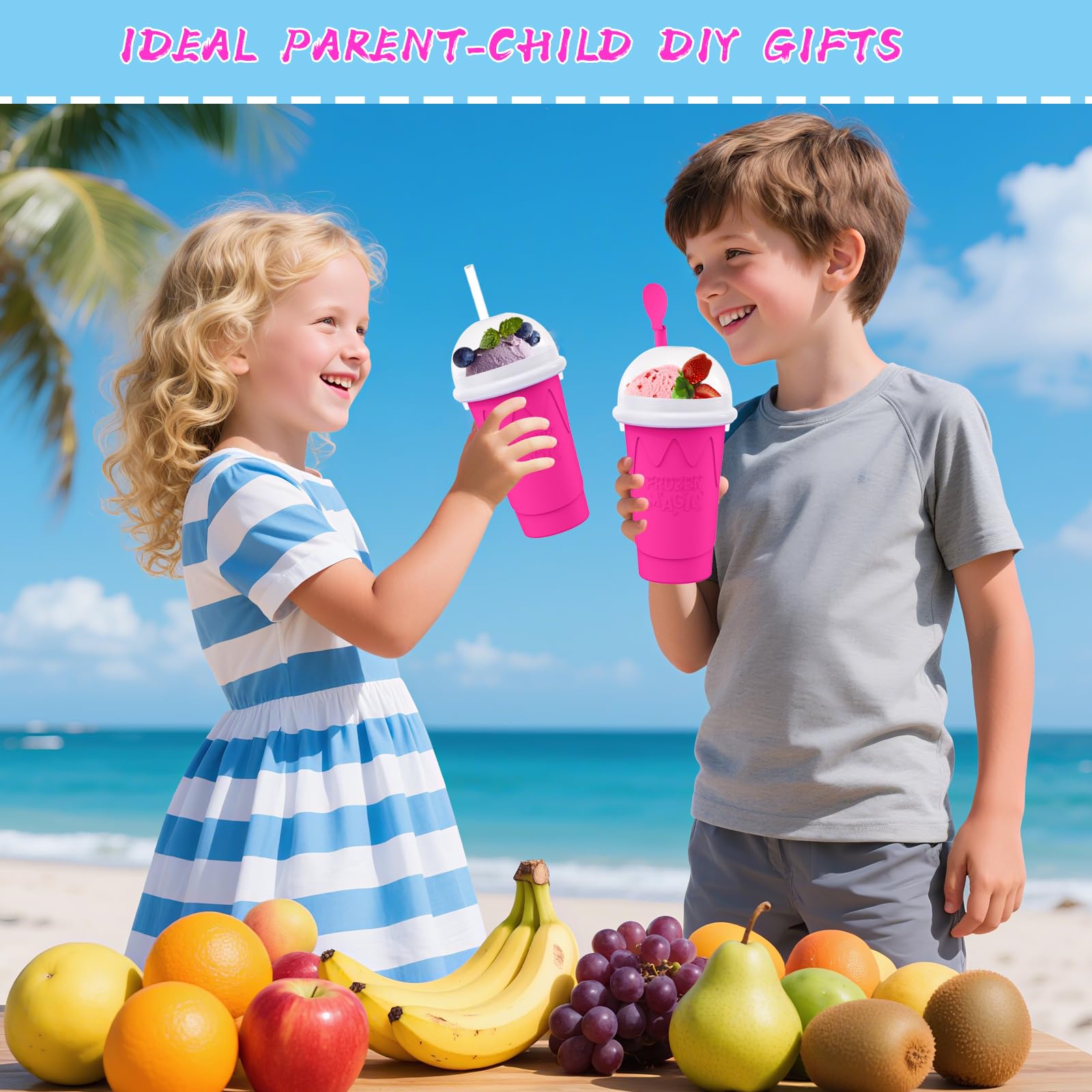 Firjuty slushie cup in action with easy squeeze feature.