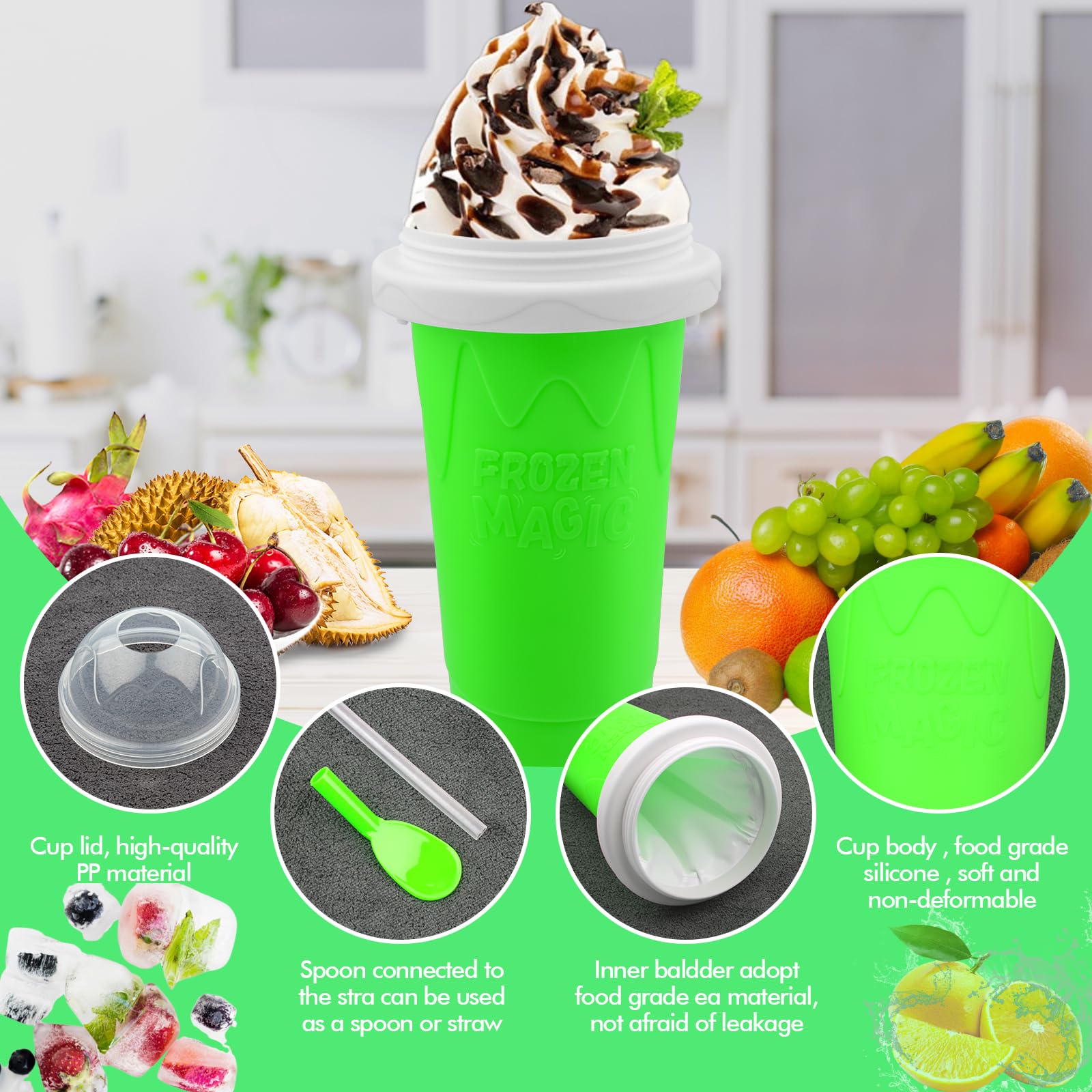 Firjuty Slushie Maker Cup 2-in-1 straw and spoon in use.