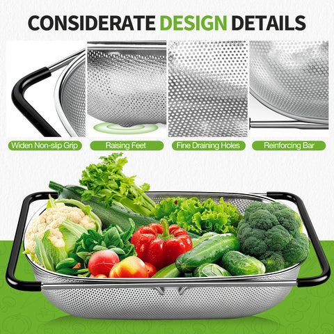 FirstE multi-use sink colander suited for washing, rinsing, and draining ingredients