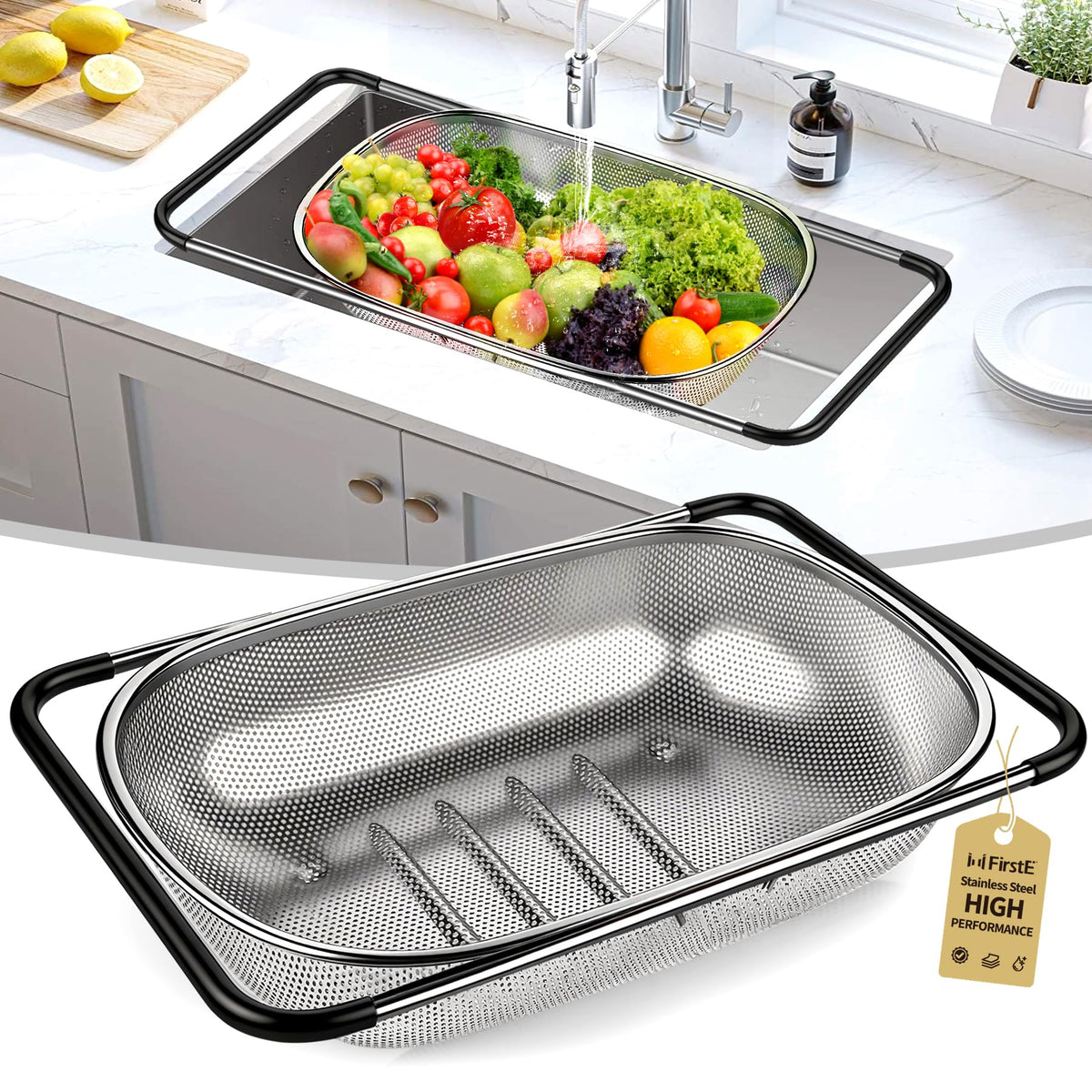 FirstE over the sink colander in stainless steel, 6 qt capacity for everyday washing