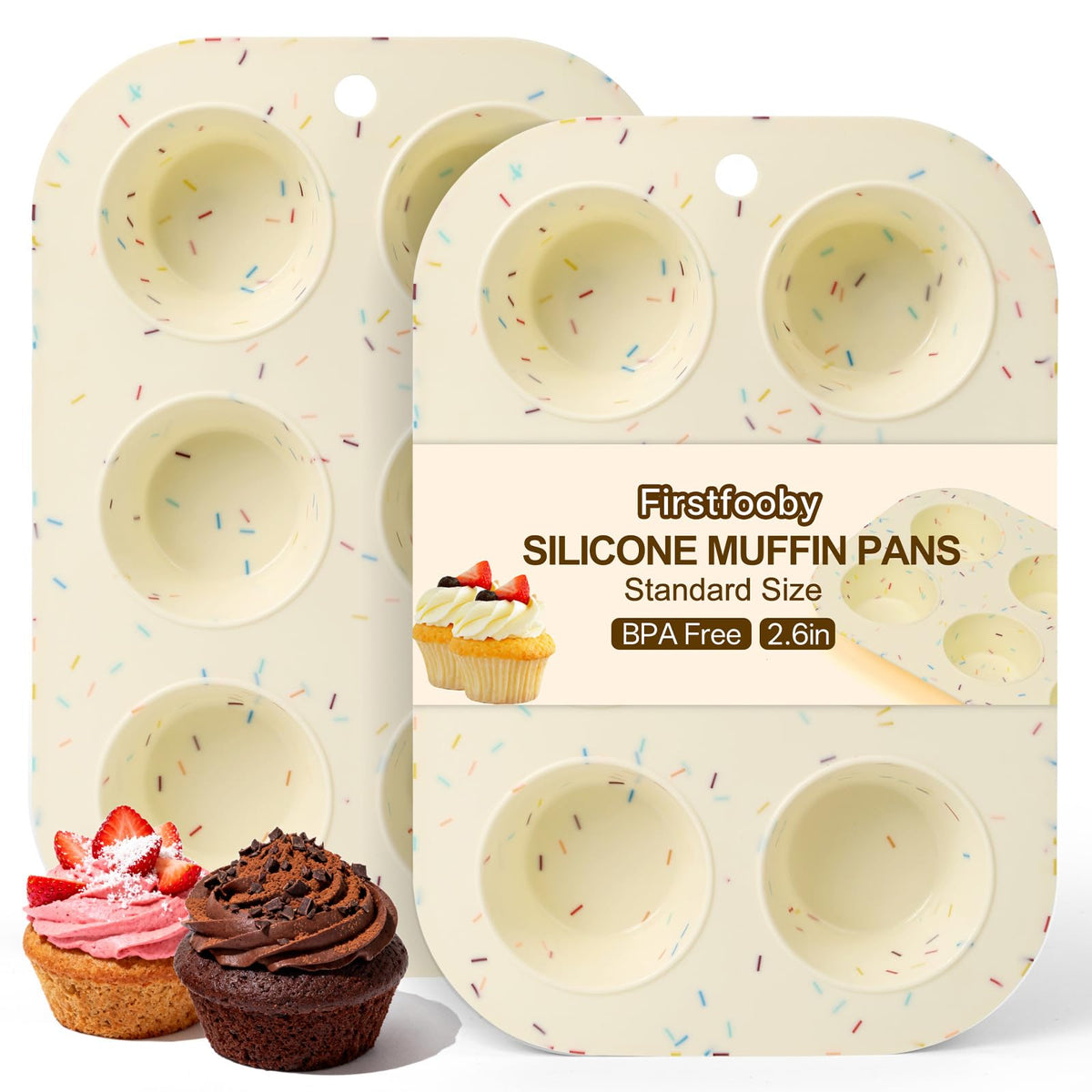Firstfooby silicone muffin pan 2-pack ready-to-bake with easy-release cups.