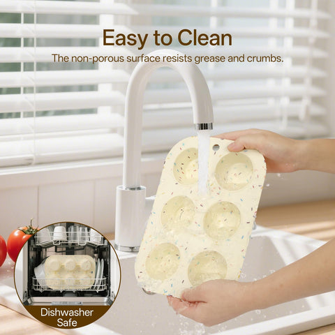 Firstfooby silicone muffin pan folded for compact storage.