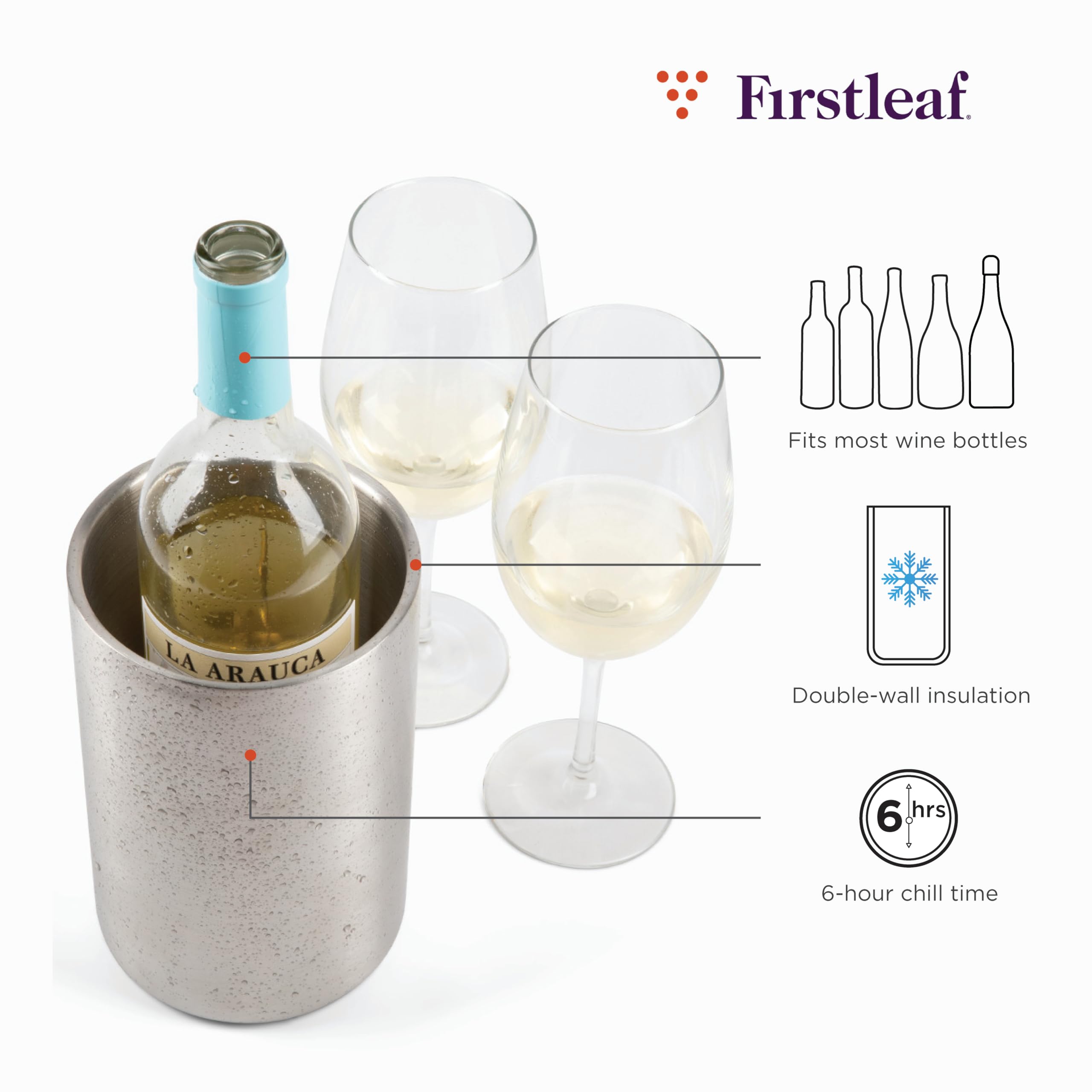Firstleaf chiller fits most 750ml bottles, ideal for entertaining.
