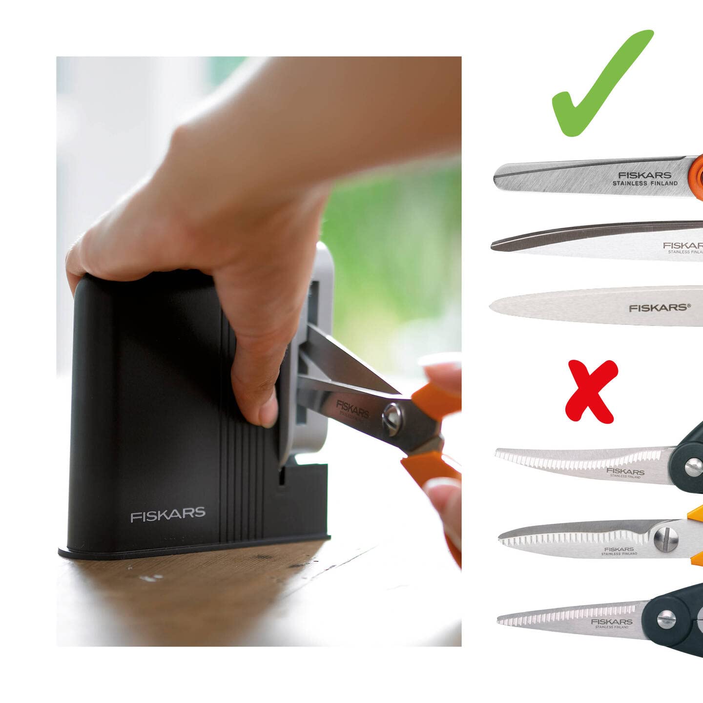 Fiskars Sharpener internals use easy-care synthetic material for reliability.