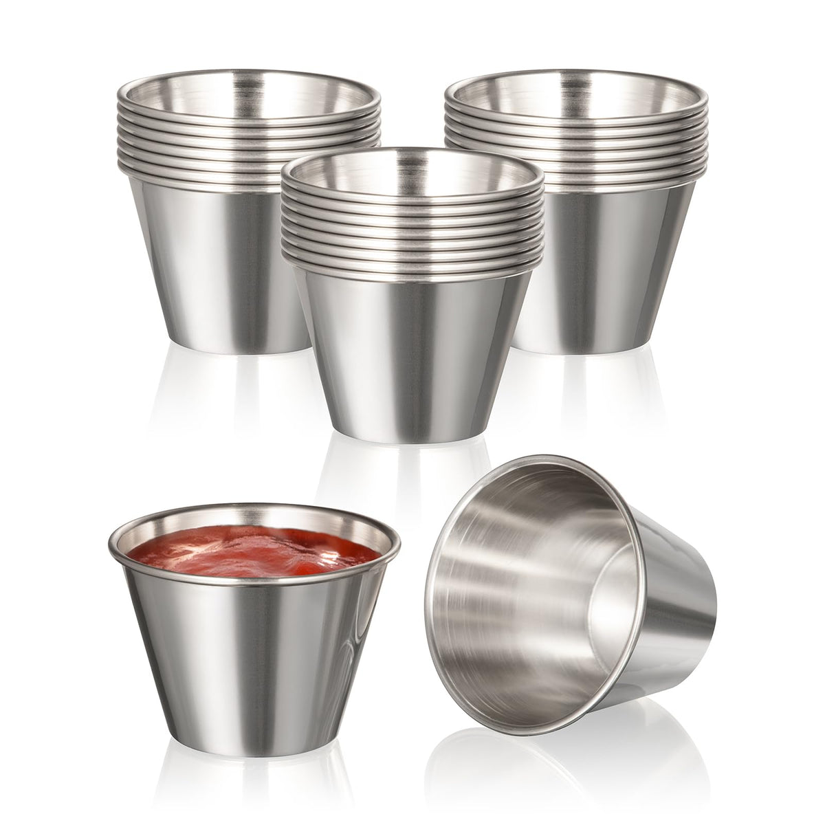 Fit Meal Prep 24-pack stainless dipping cups with polished finish for precise sauce portions