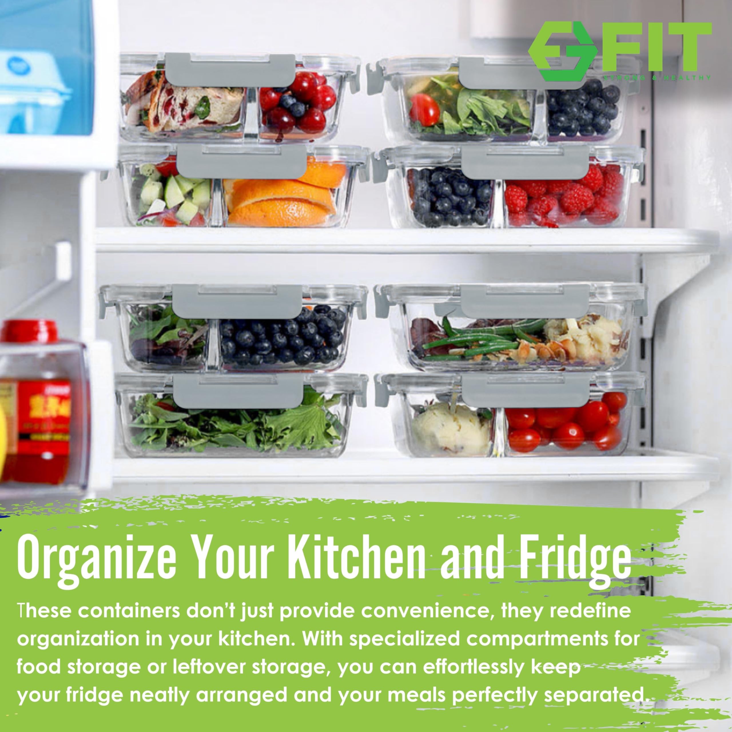 FIT Strong & Healthy 3-compartment glass container keeps portions neatly separated for variety.