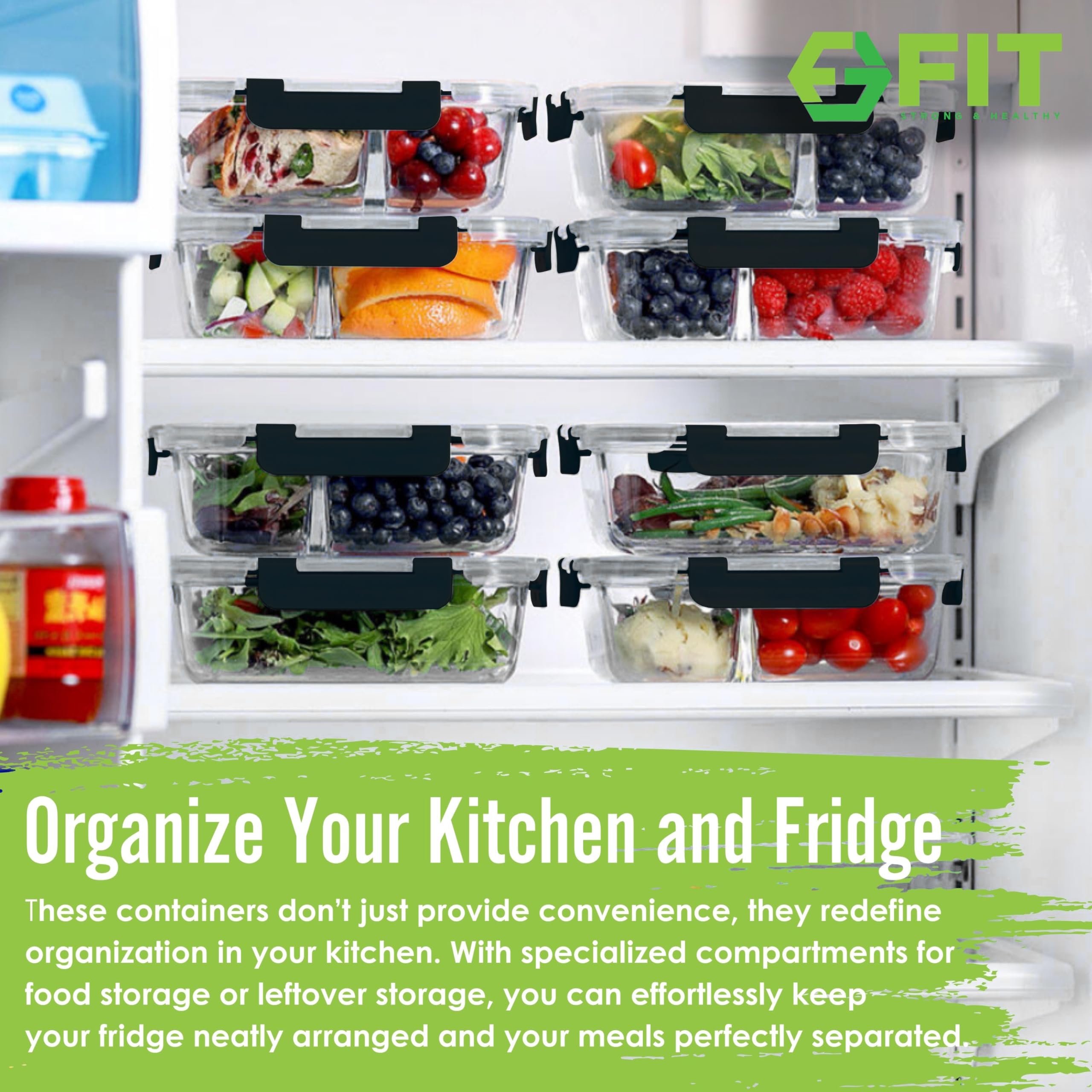 FIT Strong & Healthy 3-compartment glass container keeps meals organized