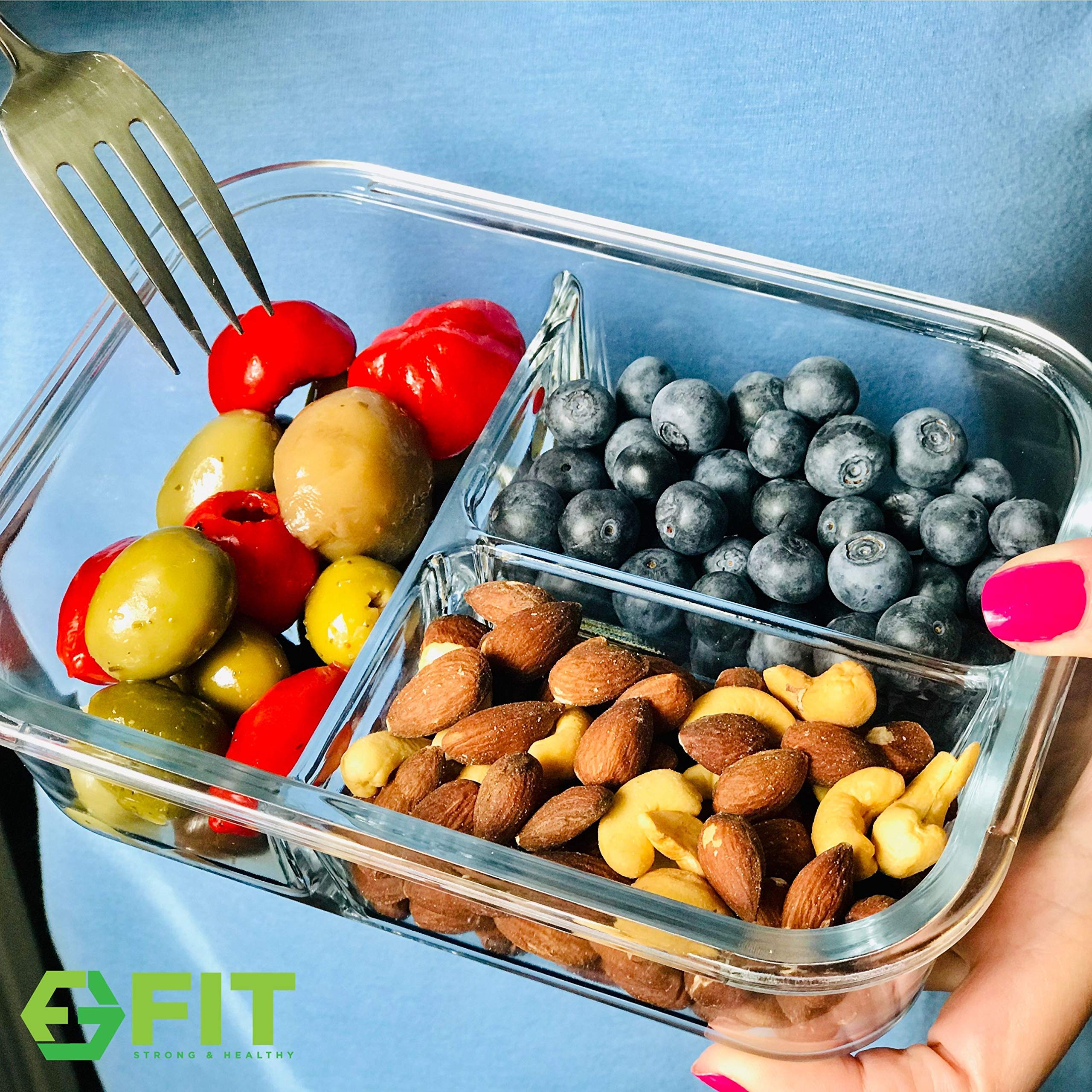 Blue color and modern glass lunch container by Fit Strong & Healthy.