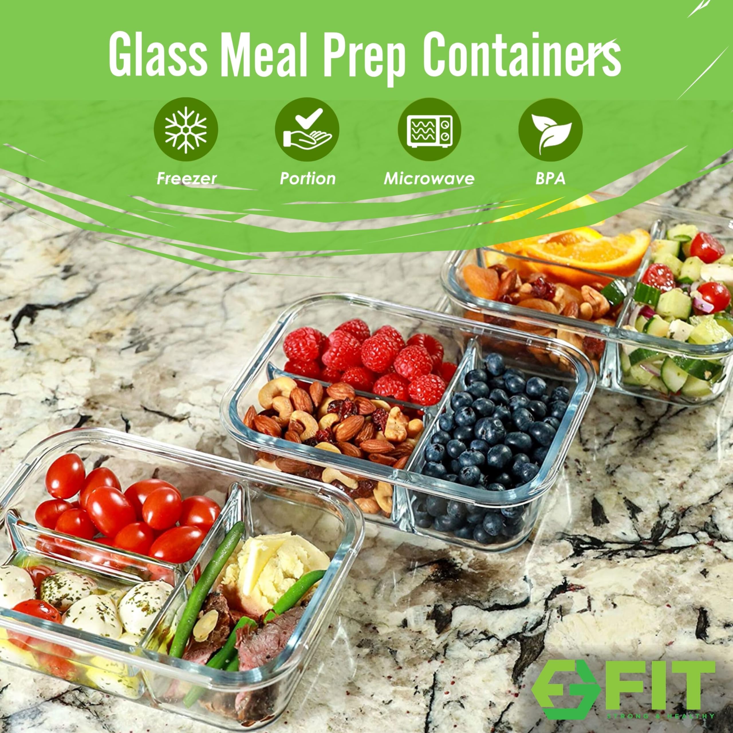 FIT Strong & Healthy borosilicate glass lunch container, oven-safe up to 450°F for reheating