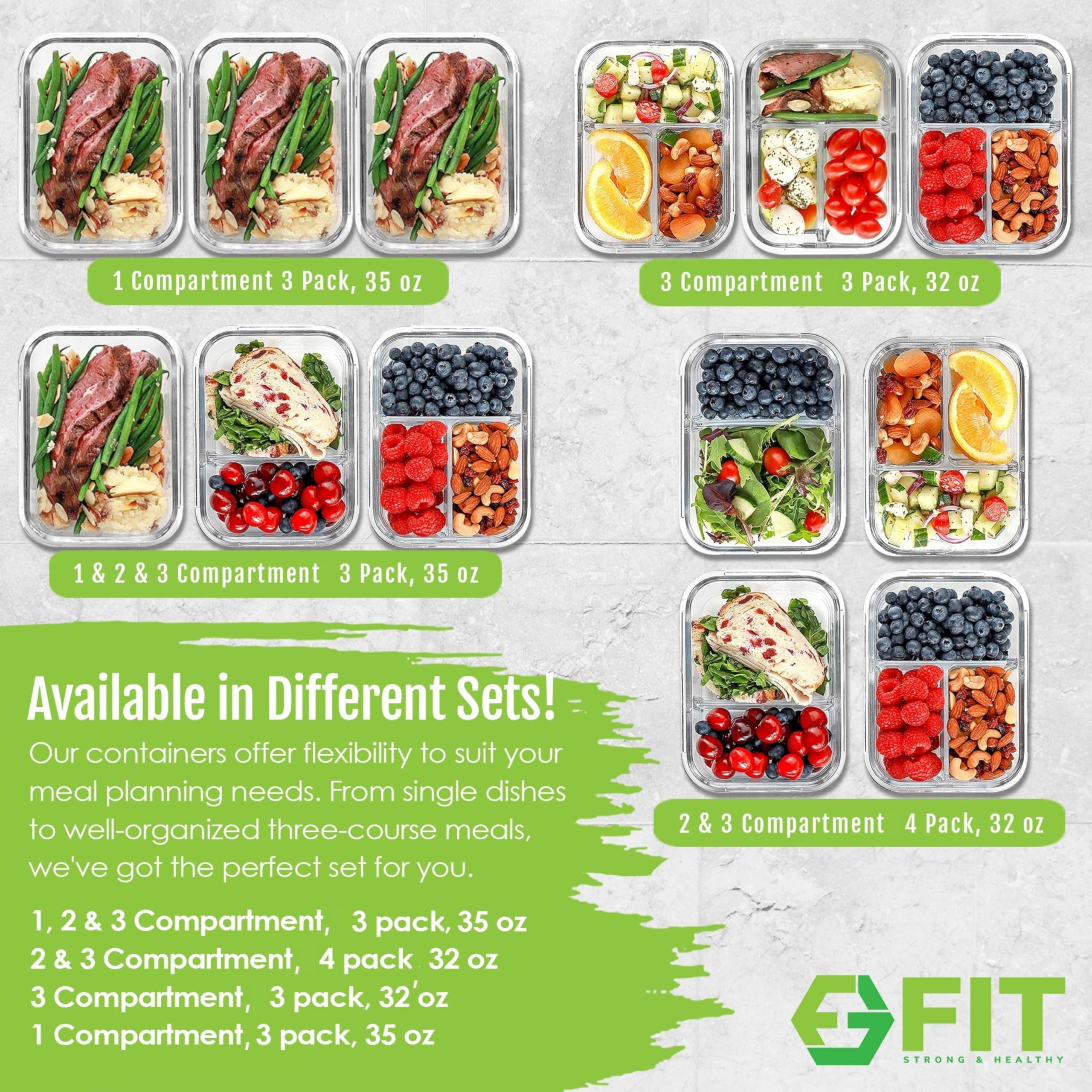 Blue 3-pack bento-style glass containers from FIT Strong & Healthy