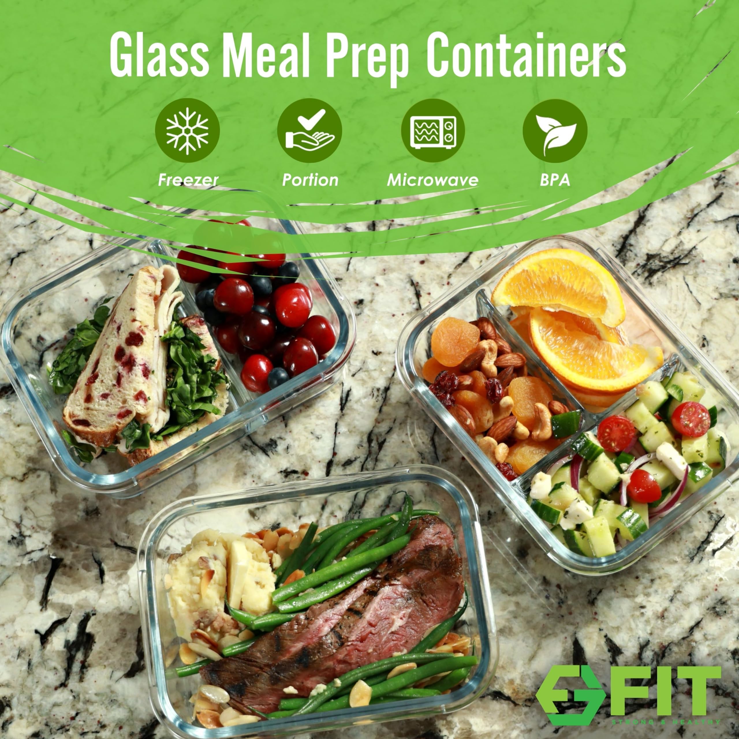 Fit Strong & Healthy glass 2-compartment container ideal for portioned snacks and meals.