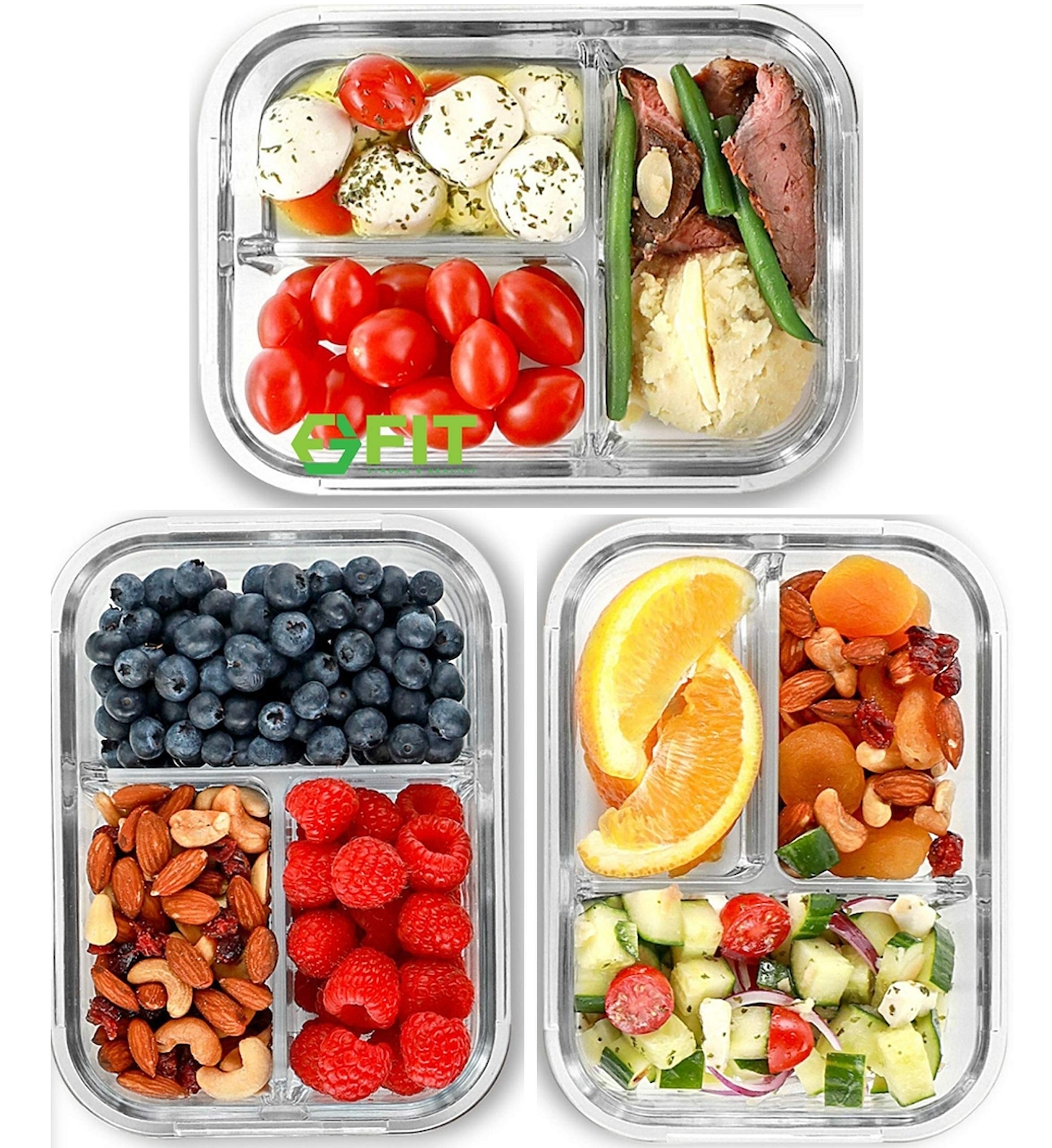 FIT Strong & Healthy glass meal prep container with 3 compartments, ideal for portion-controlled lunches