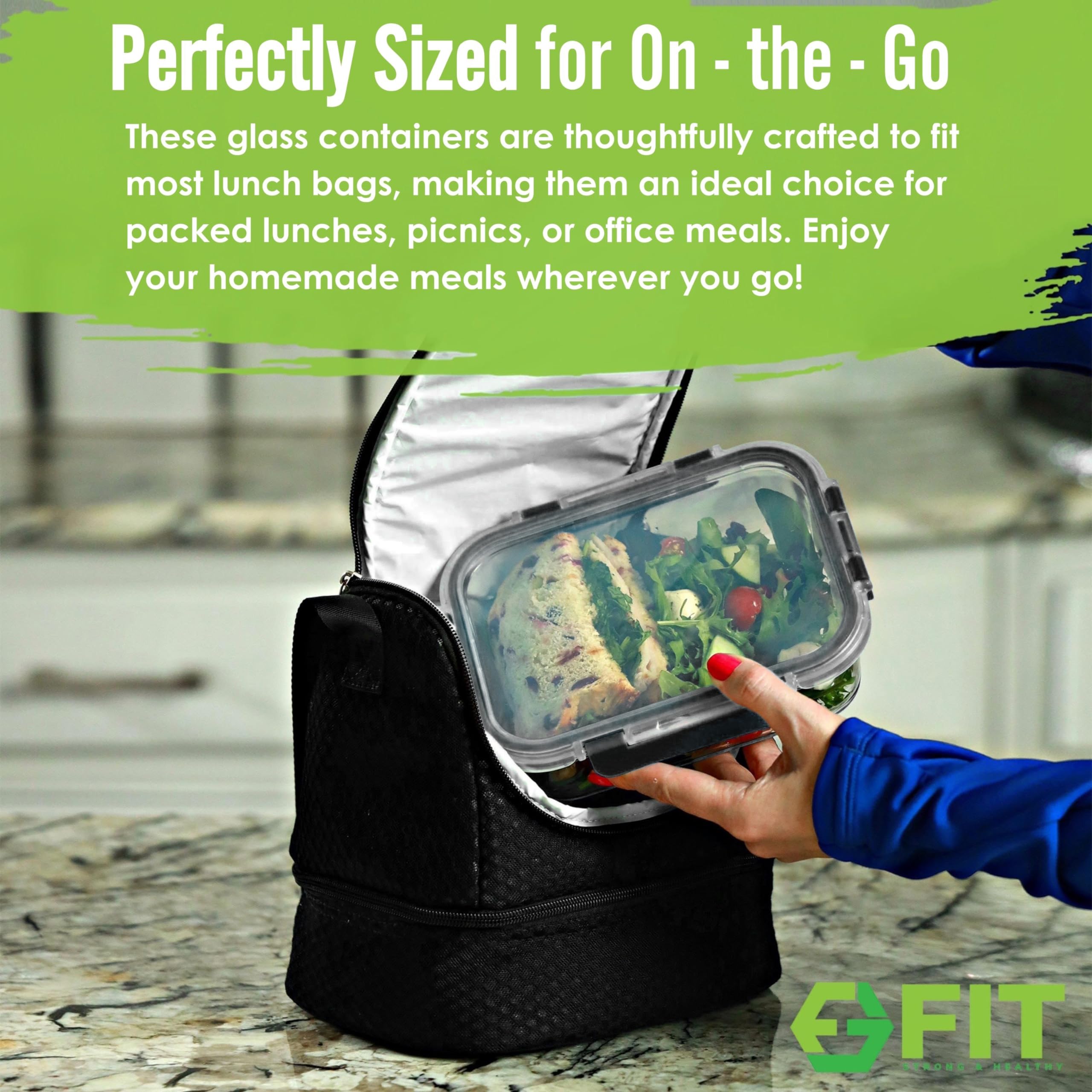 FIT Strong and Healthy leak-proof lid preserves freshness and prevents leaks.