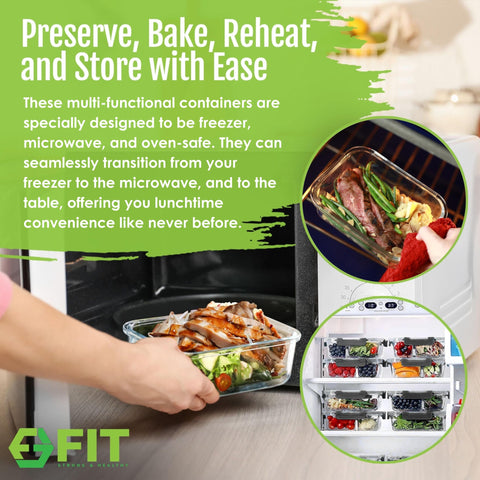 FIT Strong and Healthy oven safe glass container for reheating meals.