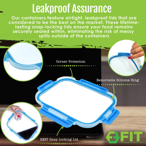 Leak-proof snap-lock lids with airtight seals prevent spills on FIT Strong & Healthy containers
