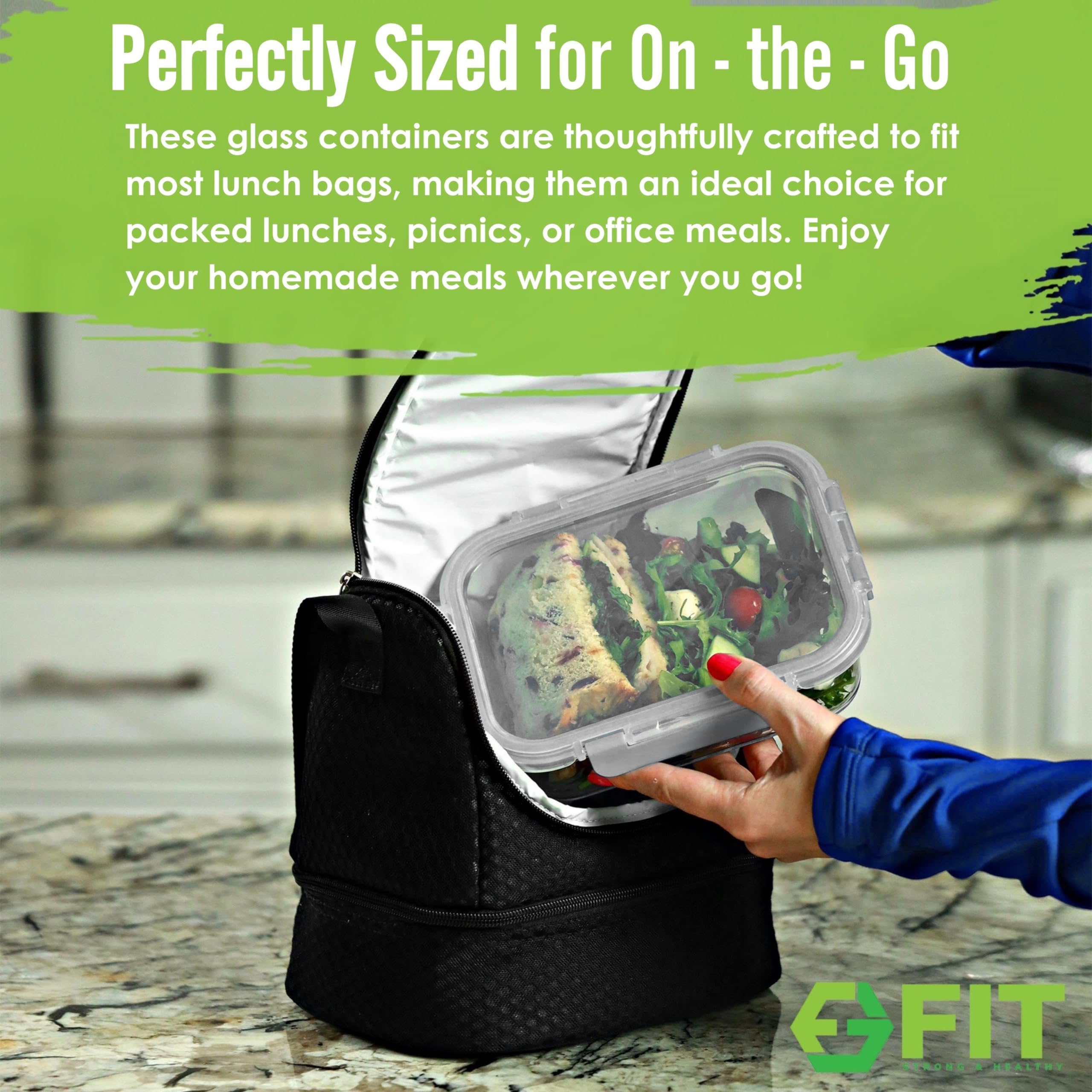 FIT Strong & Healthy leakproof lids secure sauces and prevent spills during transport.