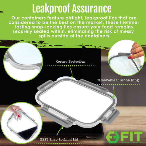 FIT Strong & Healthy oven-safe glass container withstands heat up to 450°F for reheating.