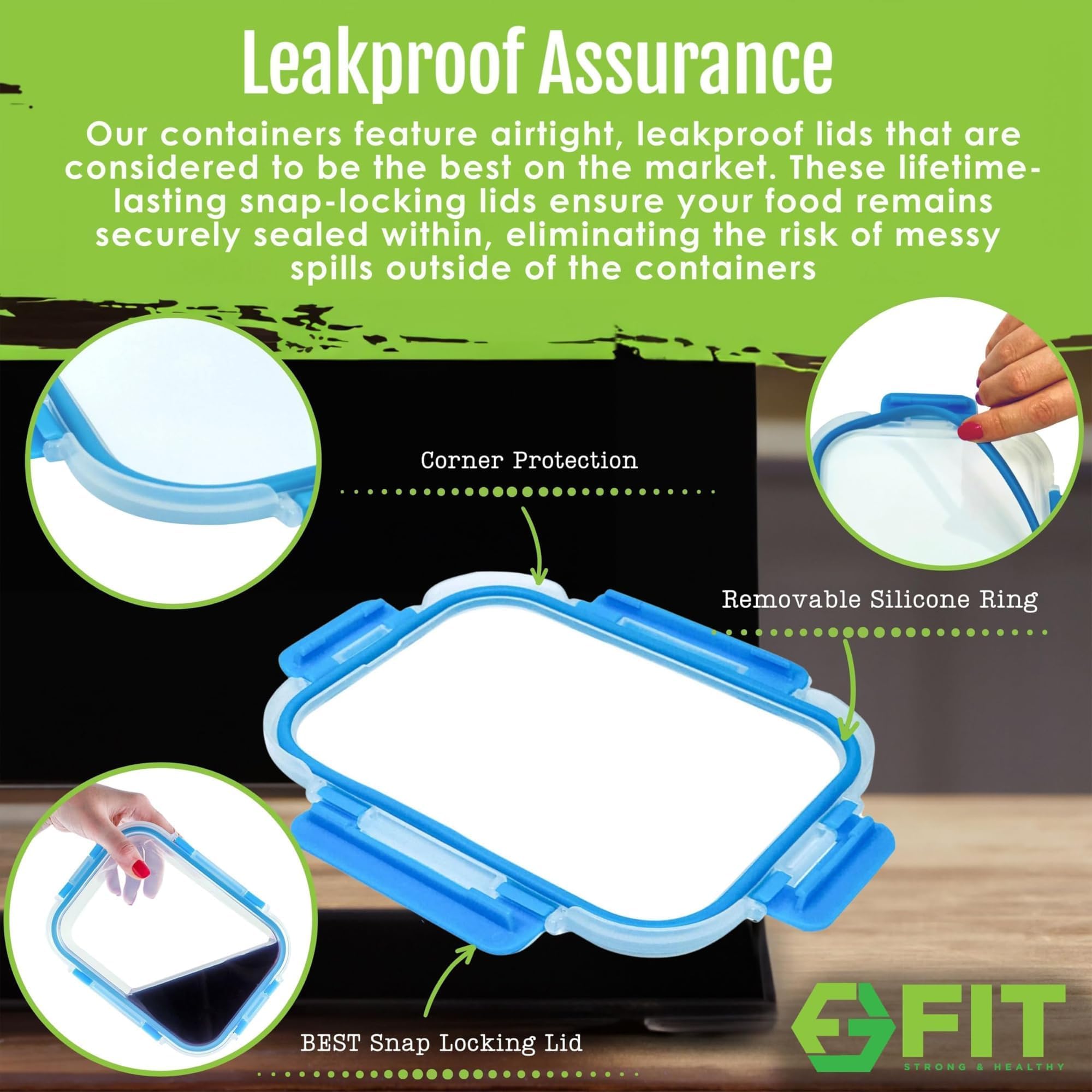 FIT Strong & Healthy stackable glass containers, space-saving for kitchen storage and meal planning.