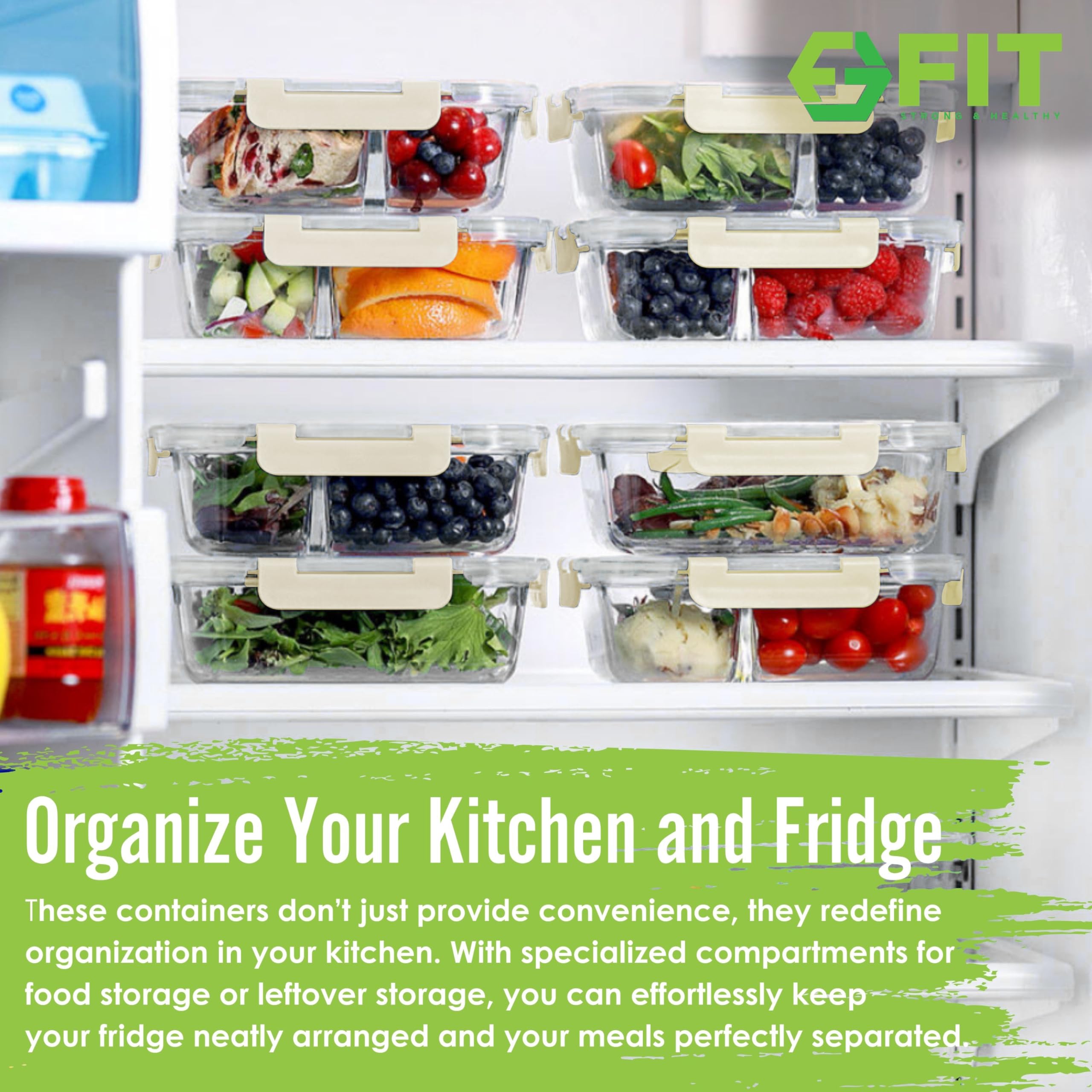 FIT Strong & Healthy stackable glass containers saving fridge space.