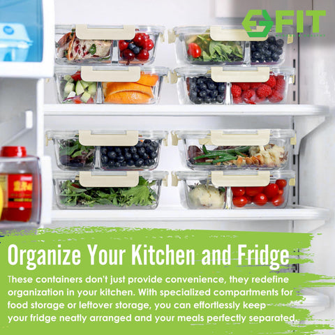 FIT Strong & Healthy stackable glass containers saving fridge space.
