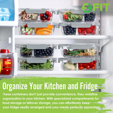 FIT Strong and Healthy stackable glass containers maximize fridge space and reduce clutter.