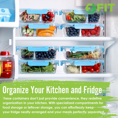 Stackable FIT Strong & Healthy 32 oz glass boxes save fridge and pantry space