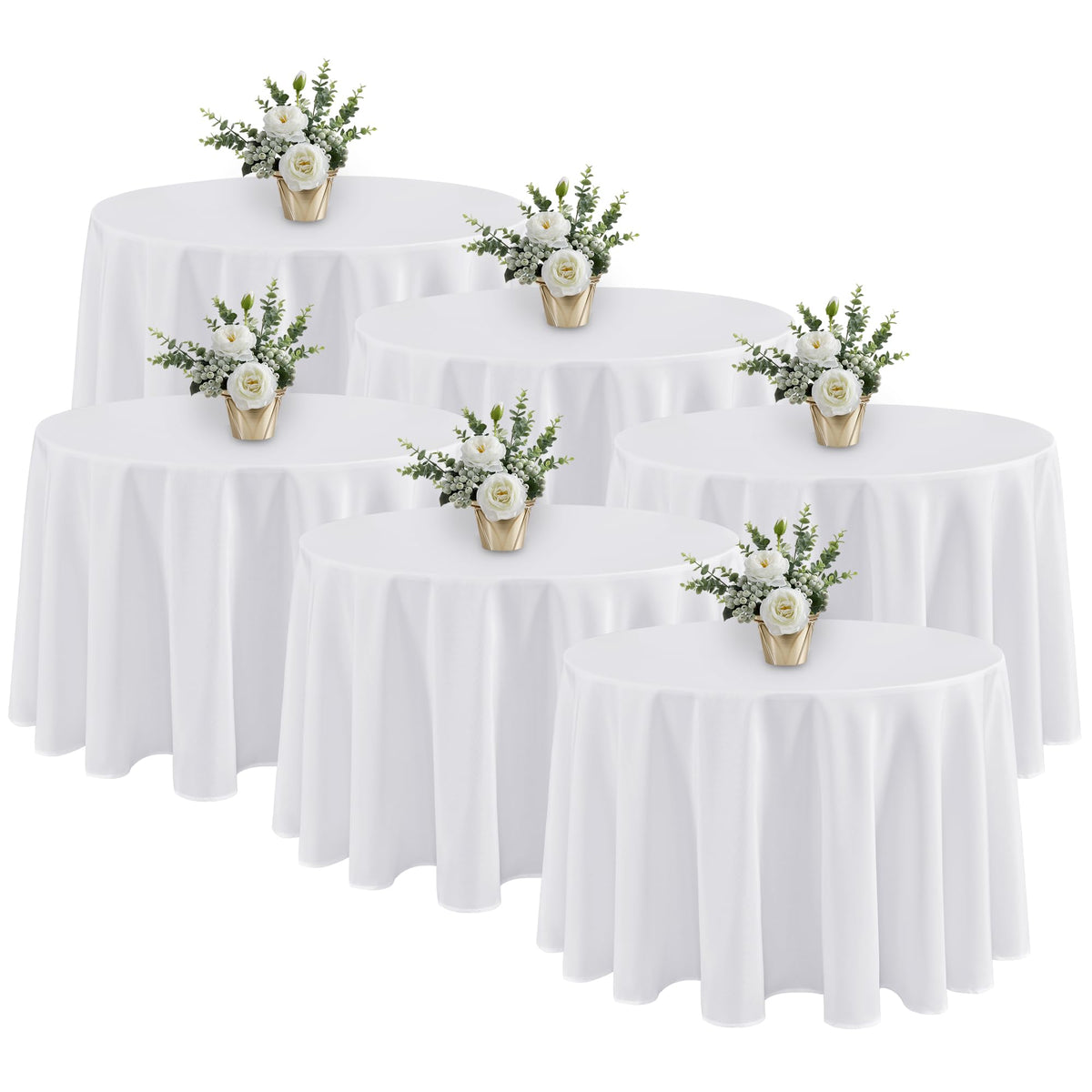 Fitable 6-pack white round tablecloths, 120-inch diameter for elegant round-table setups.