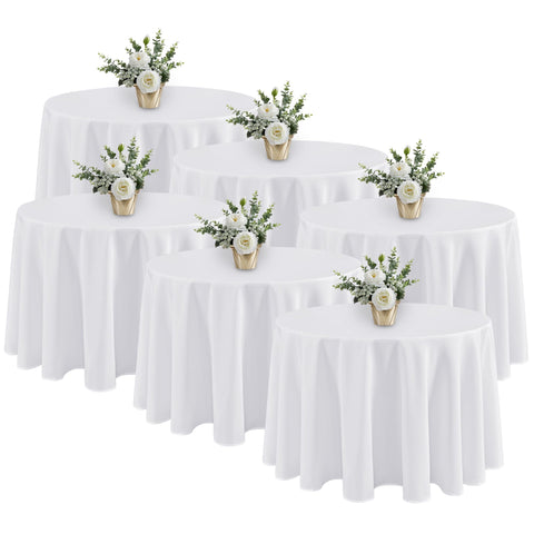 Fitable 6-pack white round tablecloths, 120-inch diameter for elegant round-table setups.
