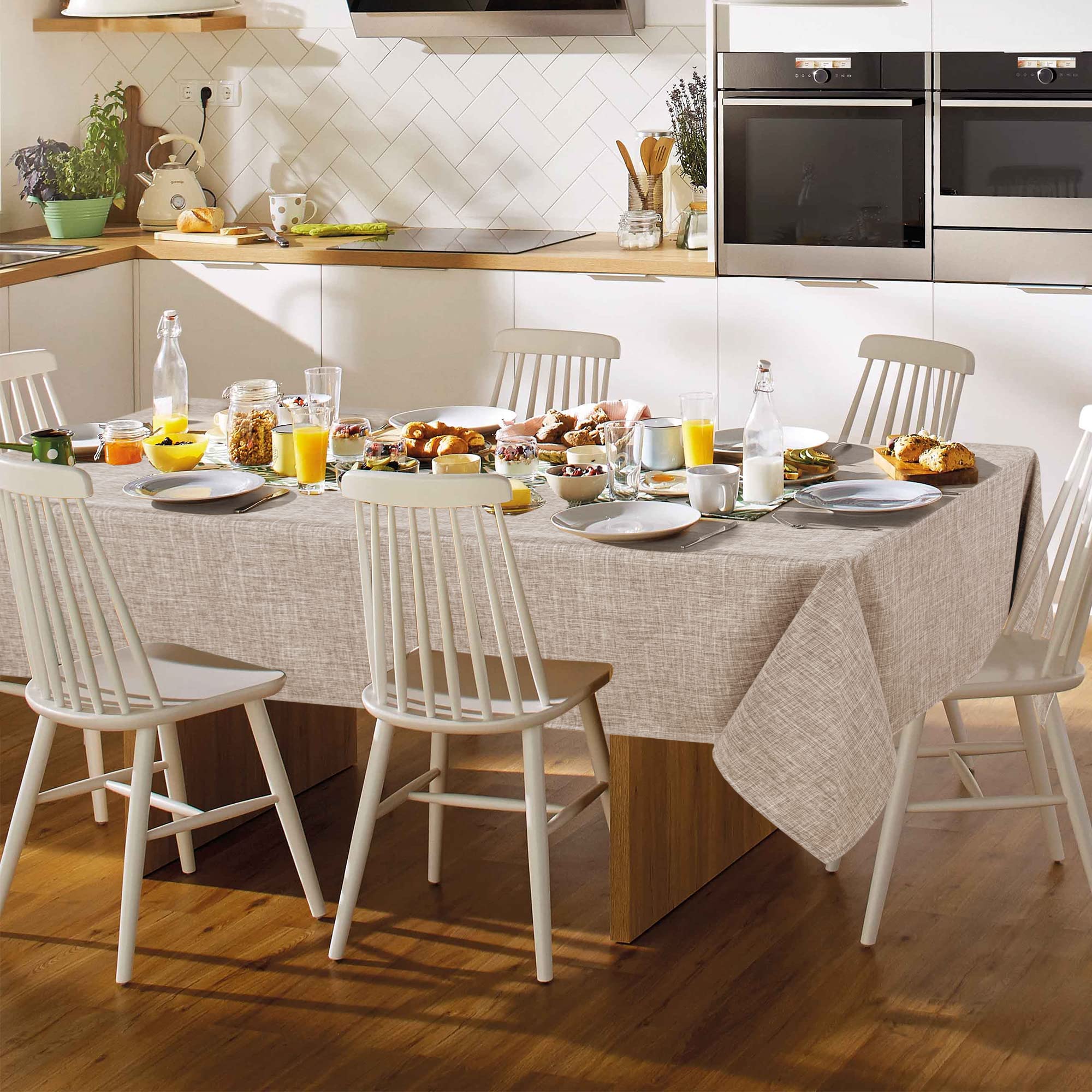 Fitable faux linen tablecloth closeup shows refined weave and durable fabric for dining.