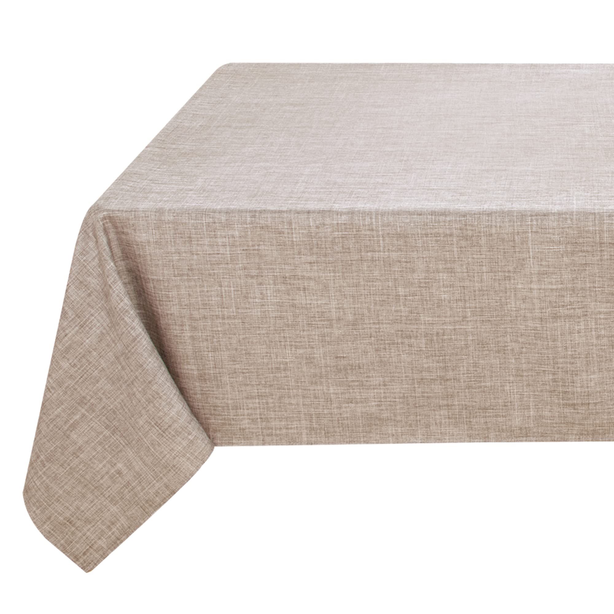 Fitable faux linen tablecloth on a 60x120 inch rectangle provides a protective, stain-resistant surface.