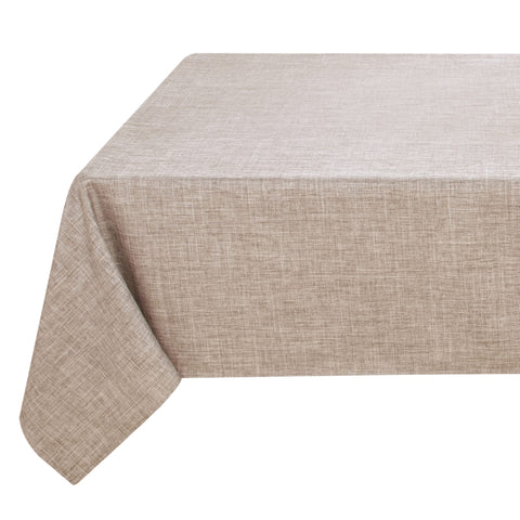 Fitable faux linen tablecloth on a 60x120 inch rectangle provides a protective, stain-resistant surface.