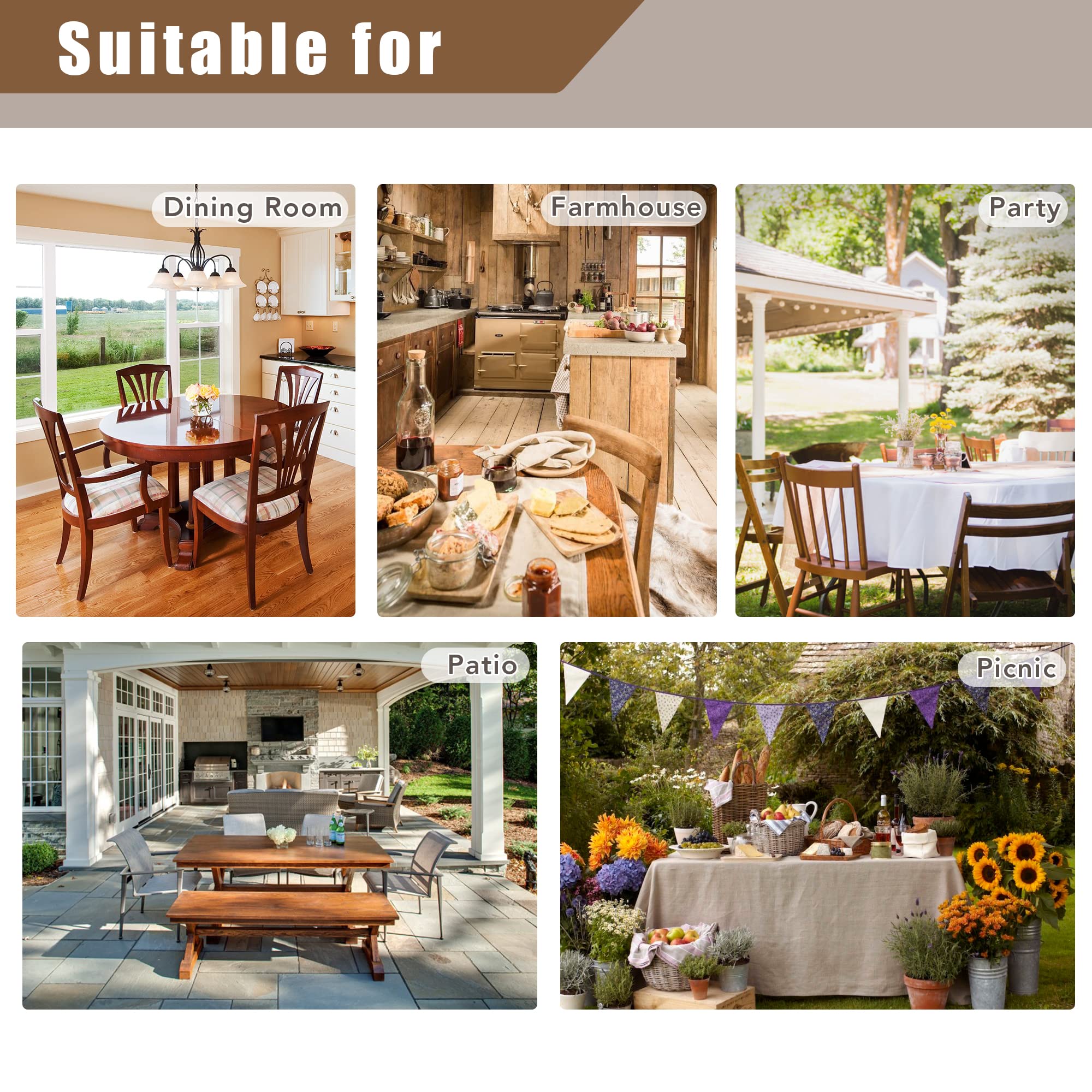 Fitable faux linen tablecloth on an 8-foot table protects against spills during meals.