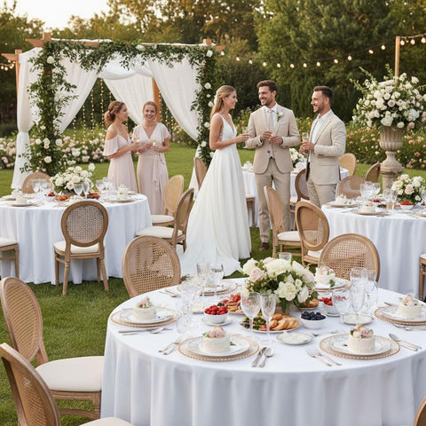 Fitable tablecloth crafted from durable polyester fabric for repeated use.