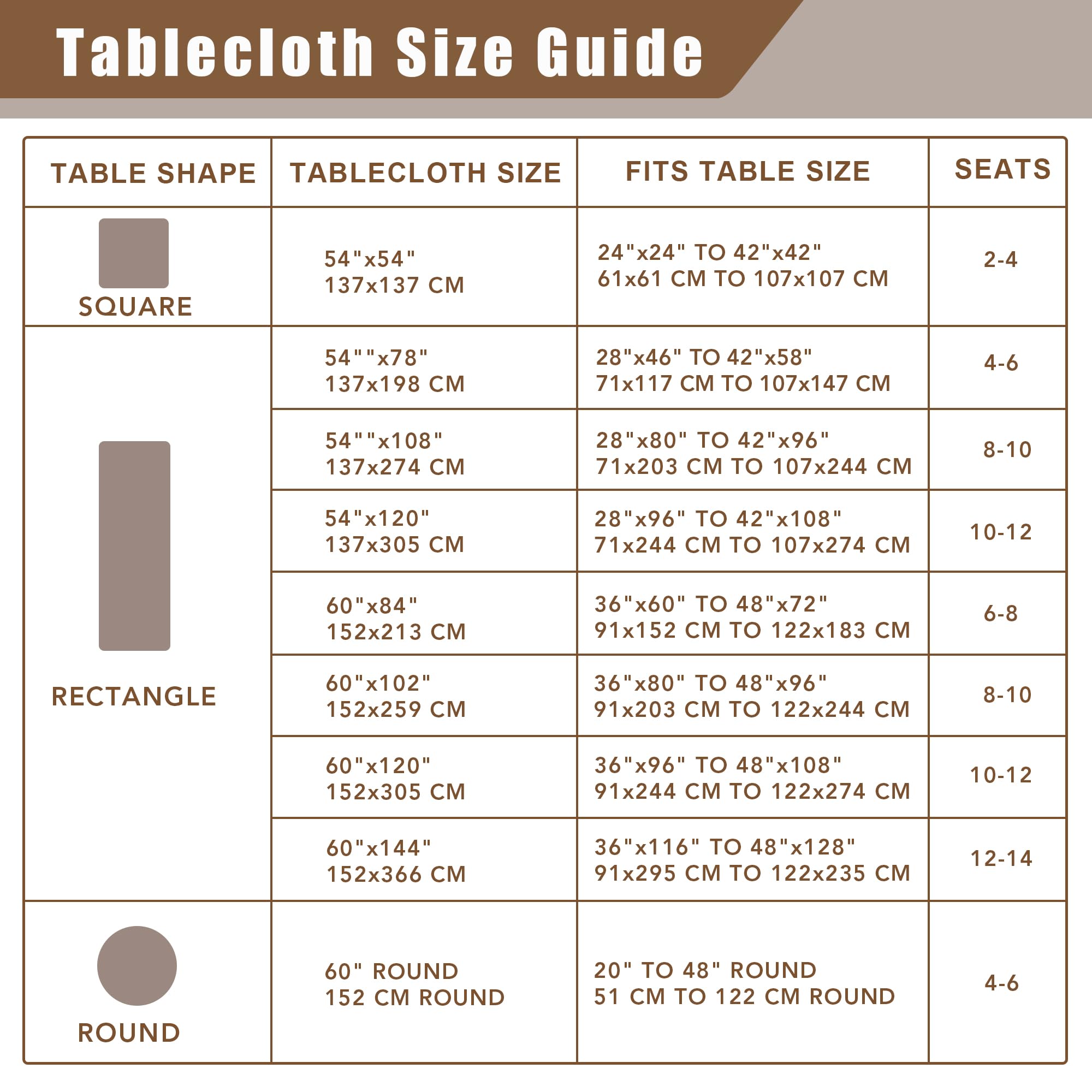 Size guide beside Fitable tablecloth helps choose the right fit.