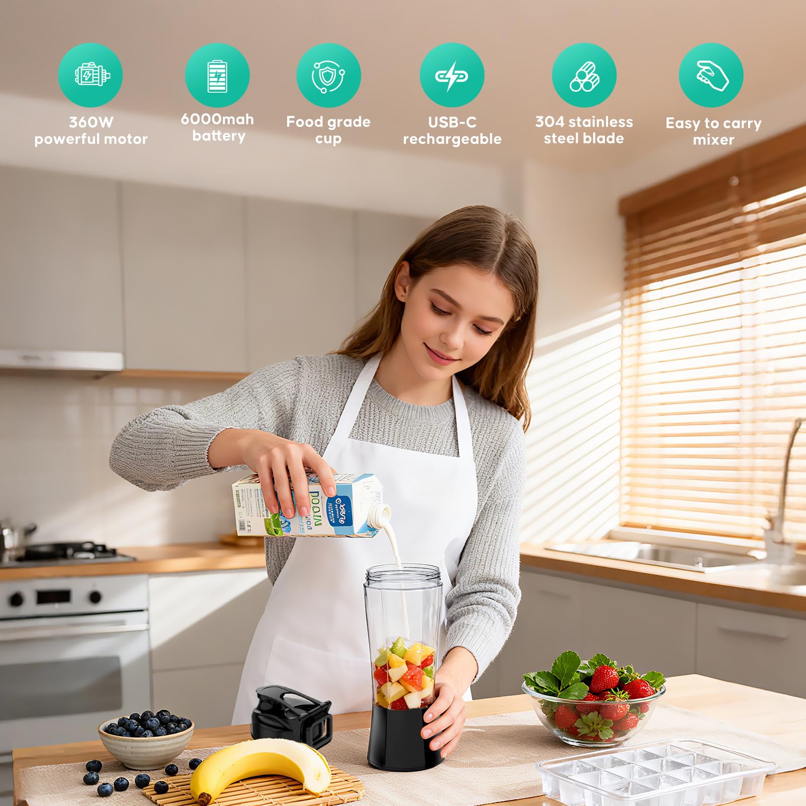 FITECHZY cordless blender bottle with 6 blades delivers smooth shakes quickly.