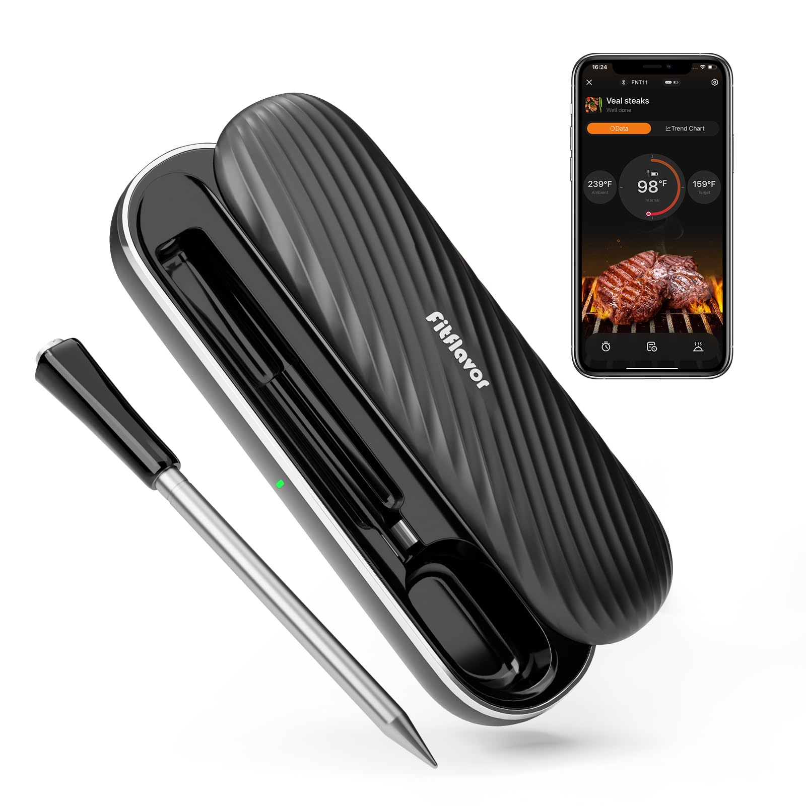 Fitflavor Bluetooth meat thermometer enables remote monitoring up to 500ft for precise grilling.