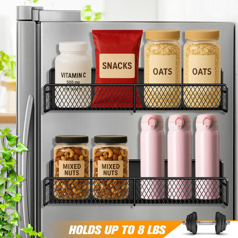FITIMOR fridge magnetic shelf with four hooks demonstrates strong hold on metal surfaces.