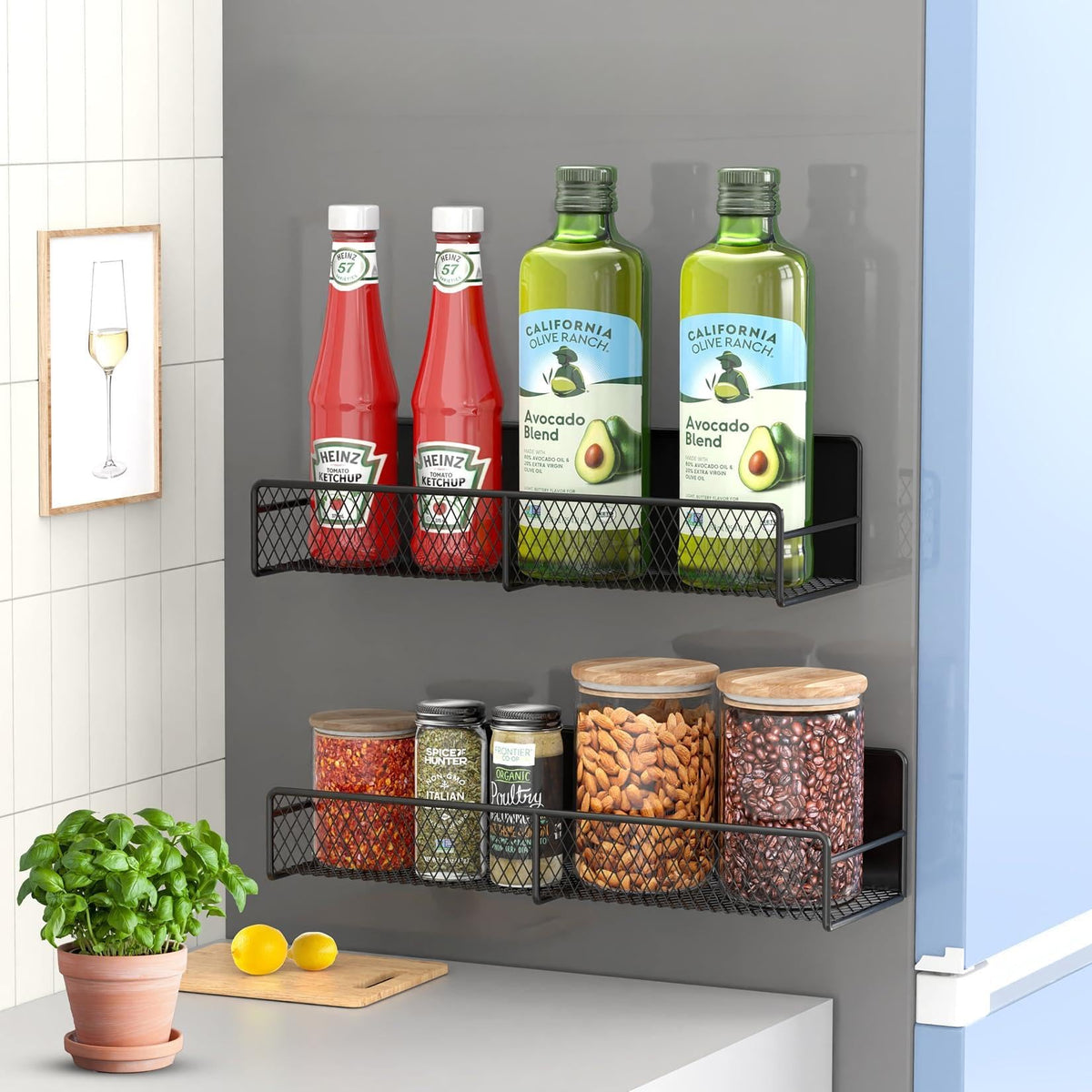 FITIMOR magnetic spice rack on fridge, 2-pack, keeps spices organized and visible.