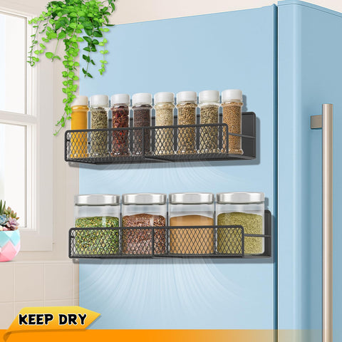 FITIMOR mesh design spice rack highlights rustproof, breathable grid for dry storage.
