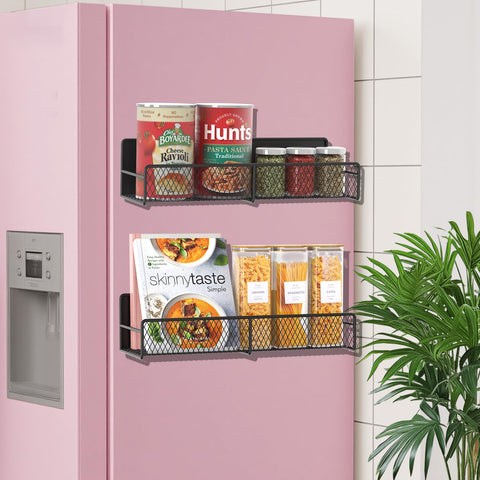FITIMOR magnetic shelf with removable hooks holds spoons, towels, and utensils.
