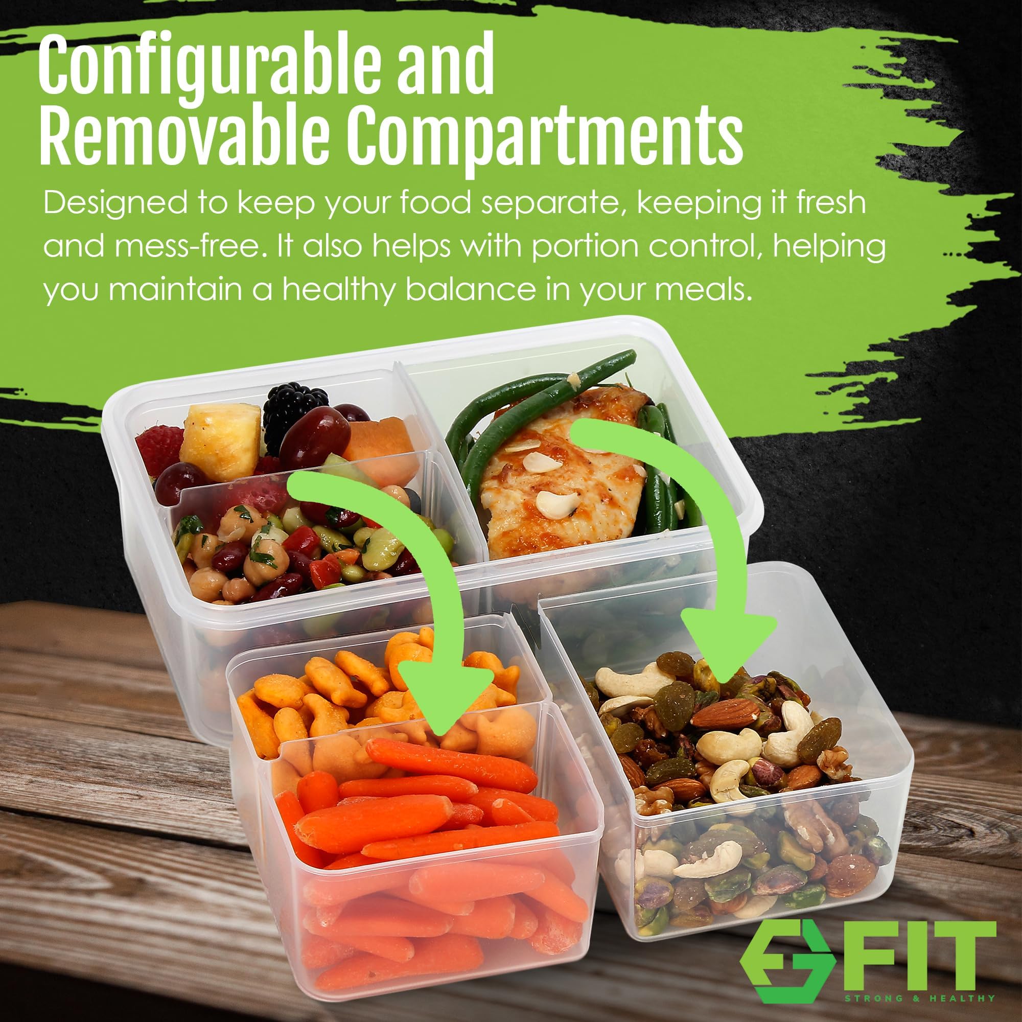 FIT Strong & Healthy bento box stored in freezer for leftovers preservation.