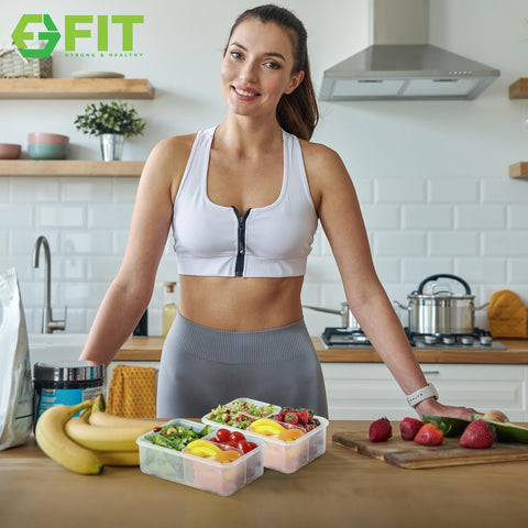 FIT Strong & Healthy meal-prep set of three boxes for weekly planning.