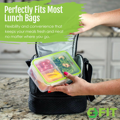 FIT Strong & Healthy stackable bento boxes saving kitchen storage space.